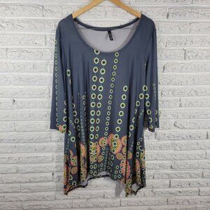 White Mark Womens Top 3XL Plus Tunic Asymmetric 3/4 Sleeve Gray Yellow GEO113E